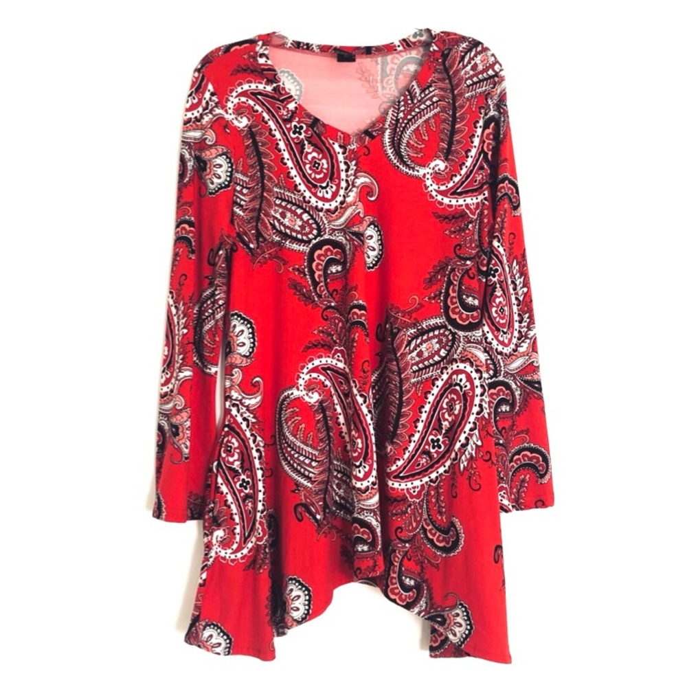 Lildy red paisley handkerchief hem tunic with subtle bell sleeves & side pockets - Picture 2 of 14